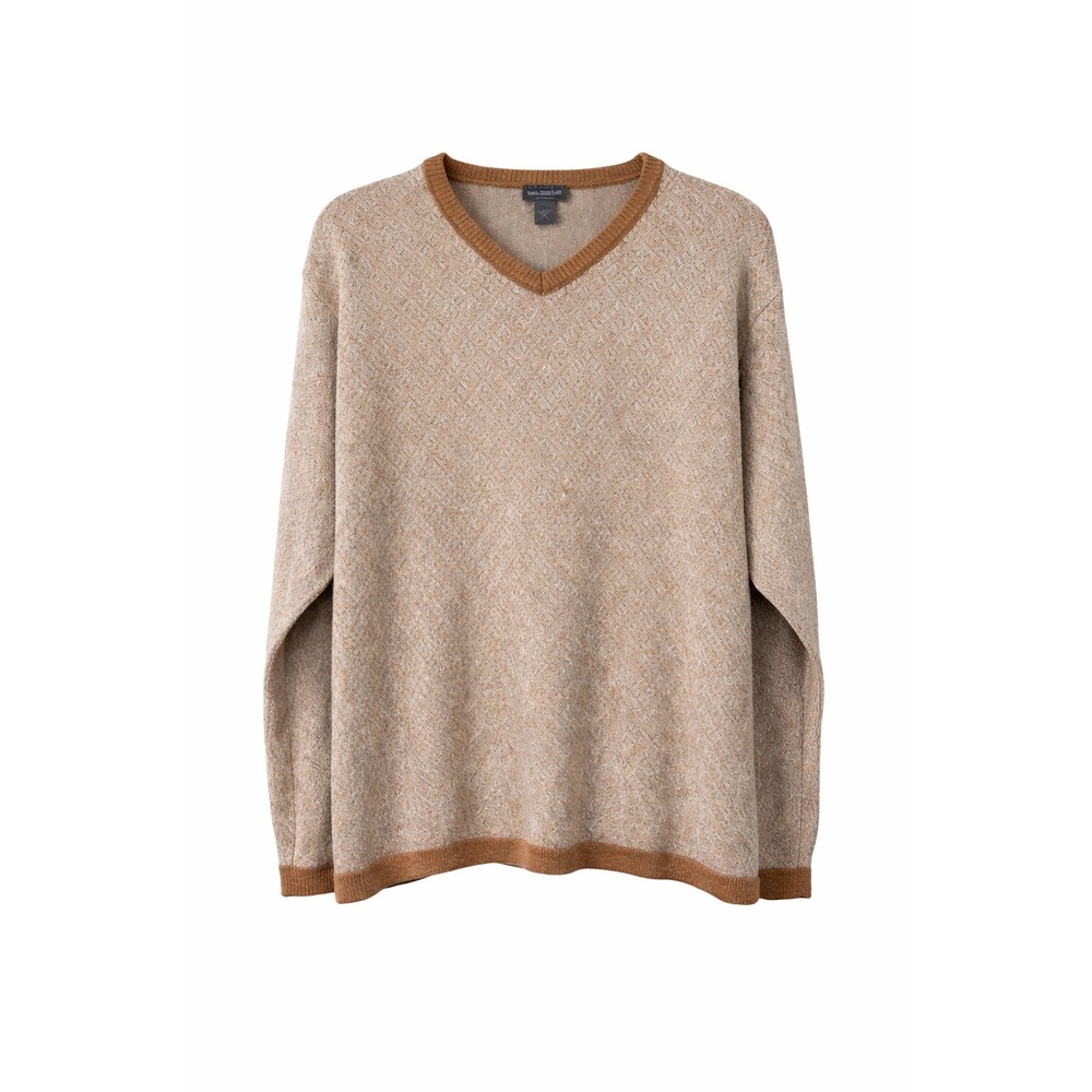 Cortina Mens V-Neck Knit Grandpa‎ Herringbone Sweater Tan Linen Long Sleeve L